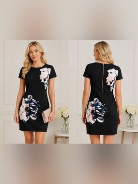 Vince Camuto Black Mini Dress with Pink & Navy Floral Print